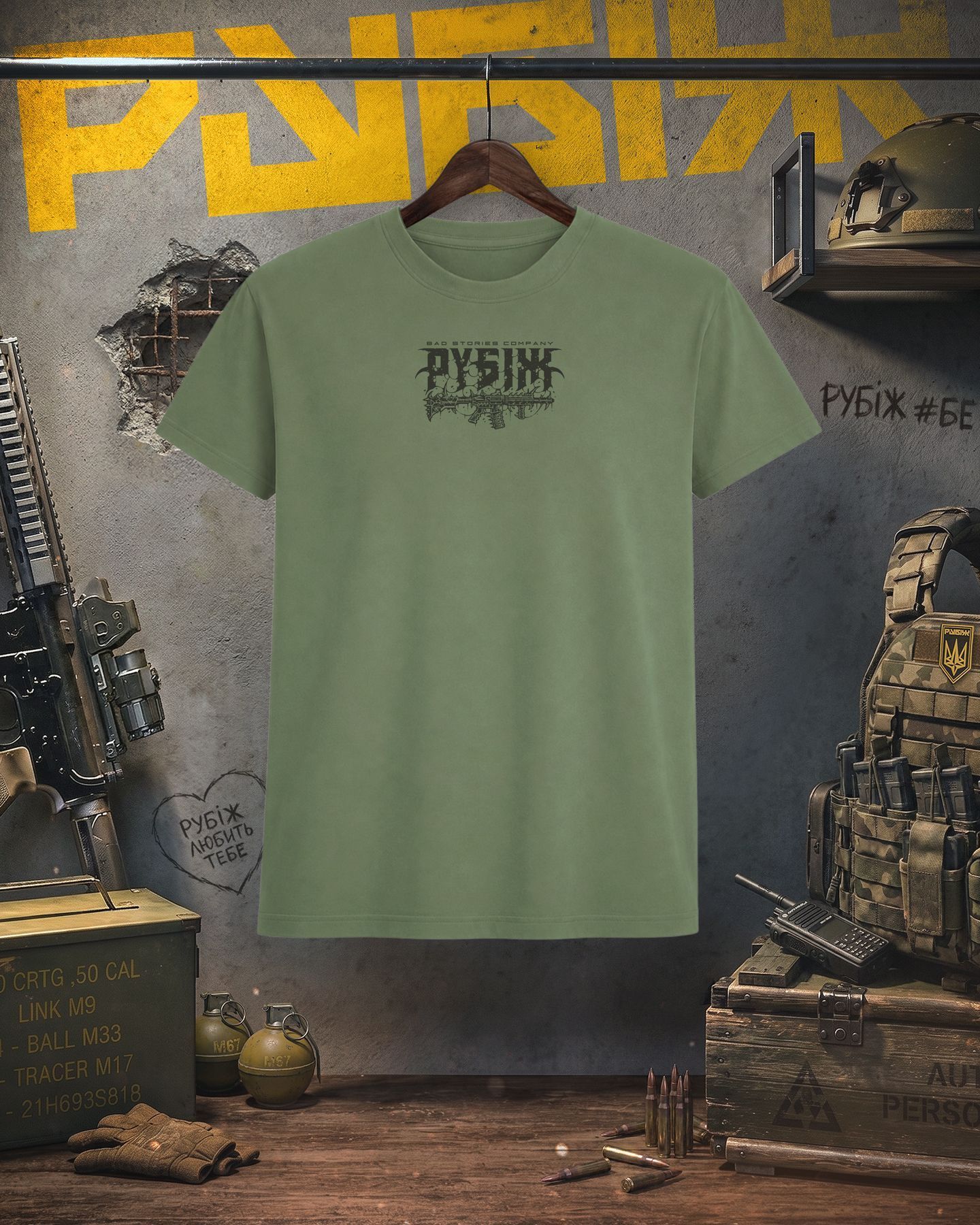 Лімітована жіноча футболка "РУБІЖ" x Bad Stories Company, Олива Рубіж, S f_rubizh_bsc_olive фото